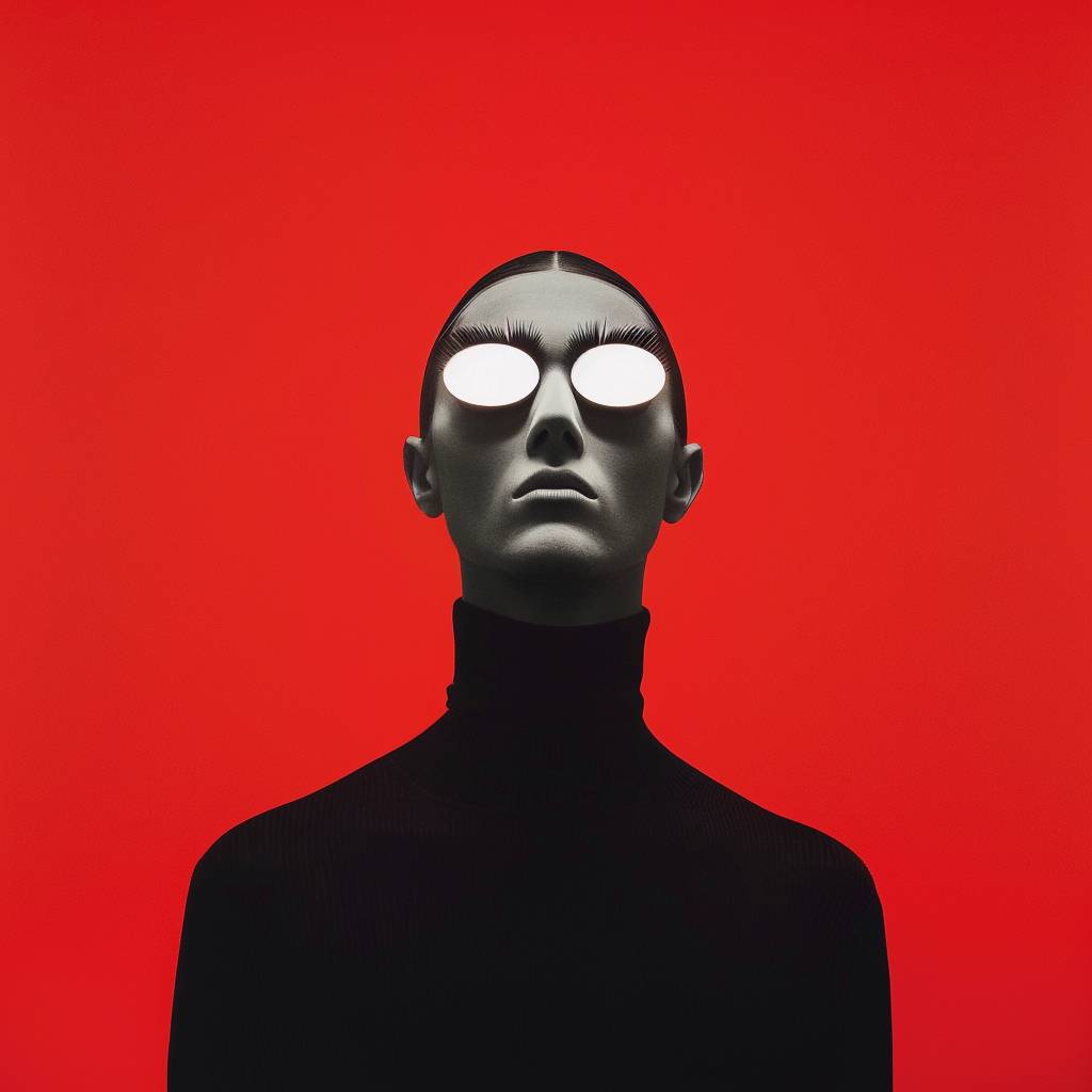 A surreal portrait of a minimalistic man with two white glowing eyes and long thin eyelashes, wearing a black turtleneck and posing in front of a red background