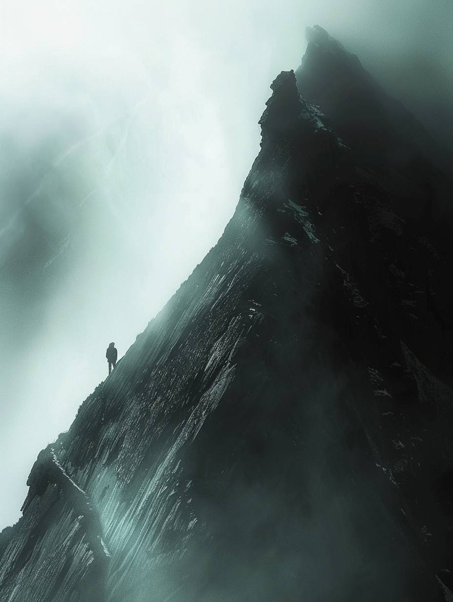 The path of mountain climbing is characterized by an ascender in silhouette with backlighting, the side of a peak, created in a minimalistic way, to evoke a sense of mystery. It portrays positivity and elevation, immersing the viewer in a realistic, detailed, photographic image that elicits an ethereal experience. This setting creates an impactful contrast, showcasing a breathtaking view.