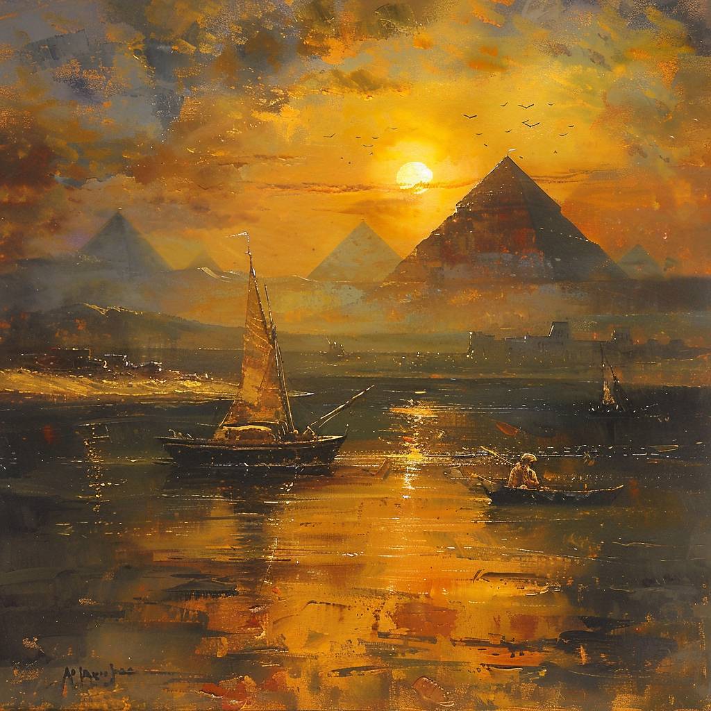 エジプトの古代エジプトの穏やかな朝、太陽がピラミッドの上に昇り、砂漠の砂に金色の輝きを投げかけ、ナイル川が初めての光の下で煌めいて漁師が船を準備しています。