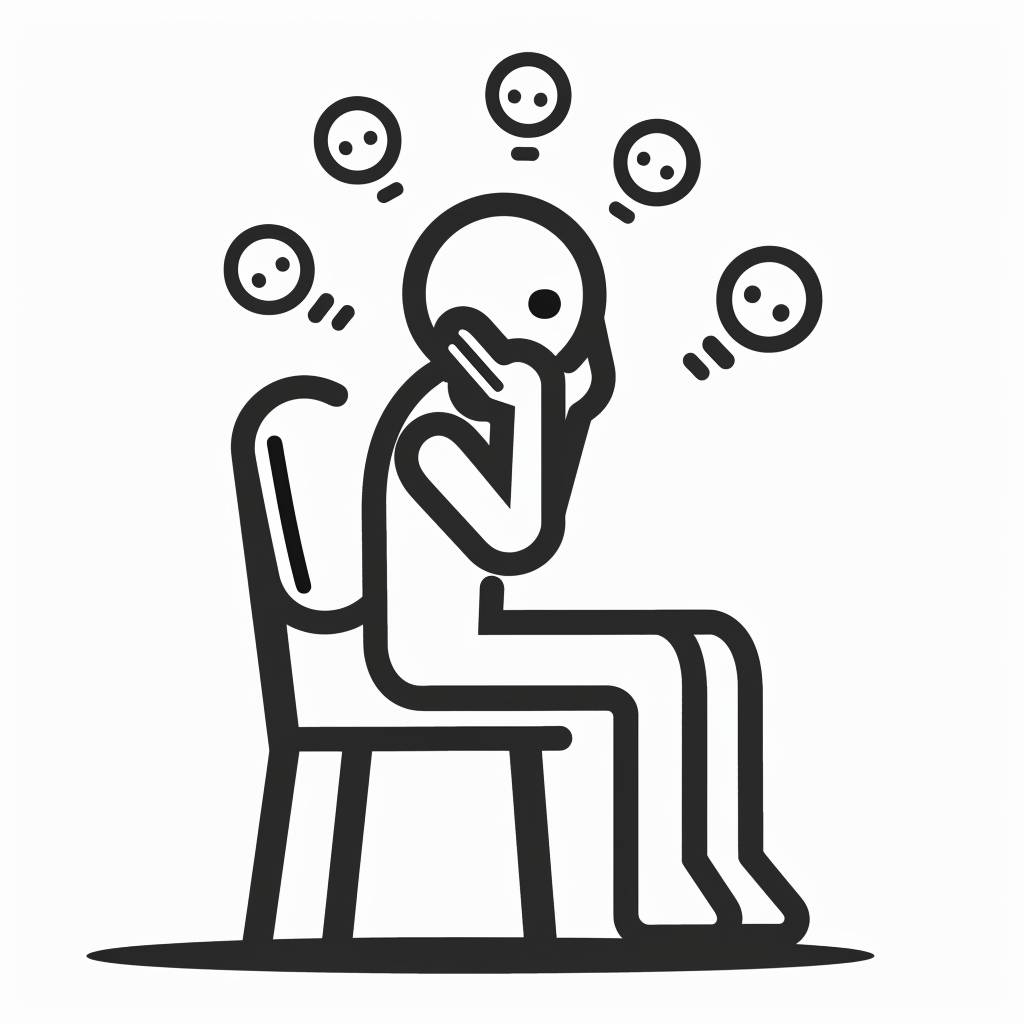 Bold, simple vector icon of a stickman sitting on the chair putting its hands on its face, overthinking with 3 bubble chats above its head, side profile, black line, white background