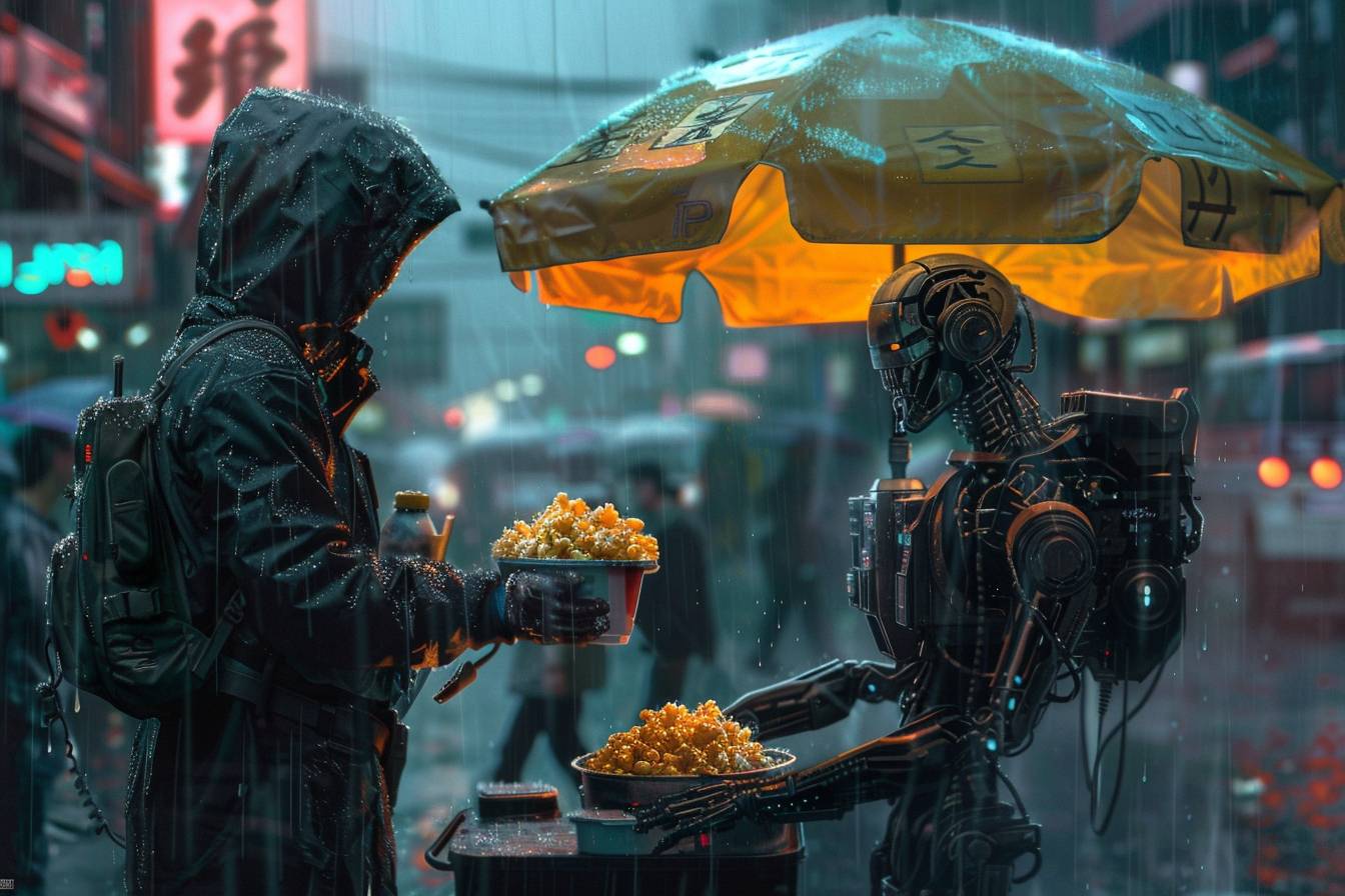 A street-food seller selling pop-corn to a robot in a rainy city, cyberpunk style