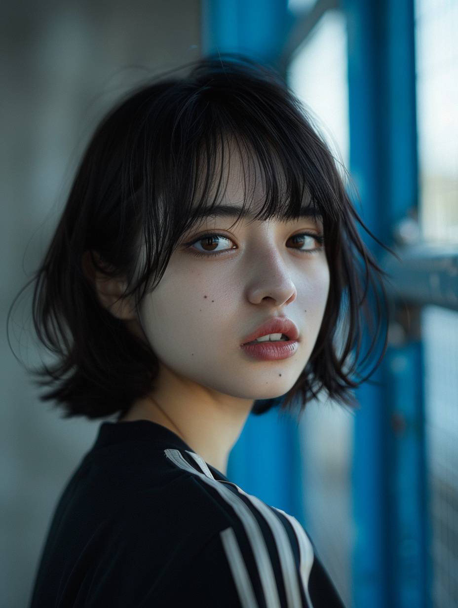 A young beautiful Japanese priestess with short blue hair, striking eyes, and pouty lips, white skin. The interplay of light and shadow. Dramatic composition. Shot in a solarium, sharp photography by Fuji XT-5, intricate details.