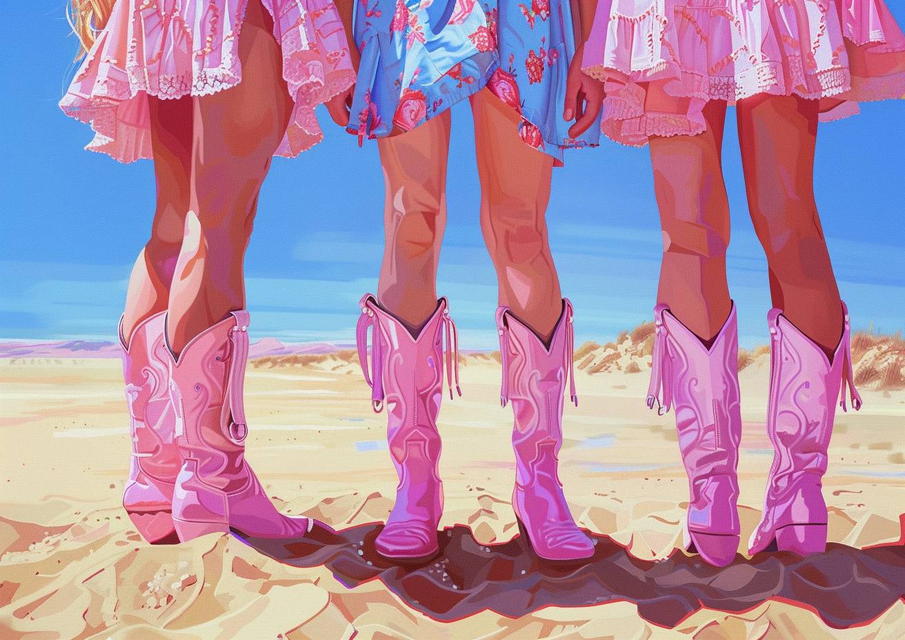 Oil painting of a closeup of cowgirls legs, 3 cowgirls stand in one row, in pink cowboy boots, with a light pink and blue dress, on the beach, in the style of David Hockney, in the art deco style, 3D rendered, hyper realistic, with sharp focus, intricate details, highly detailed, volumetric lighting, cinematic, bright colors, ultra high resolution, rendered in Octane, with super fine detail
