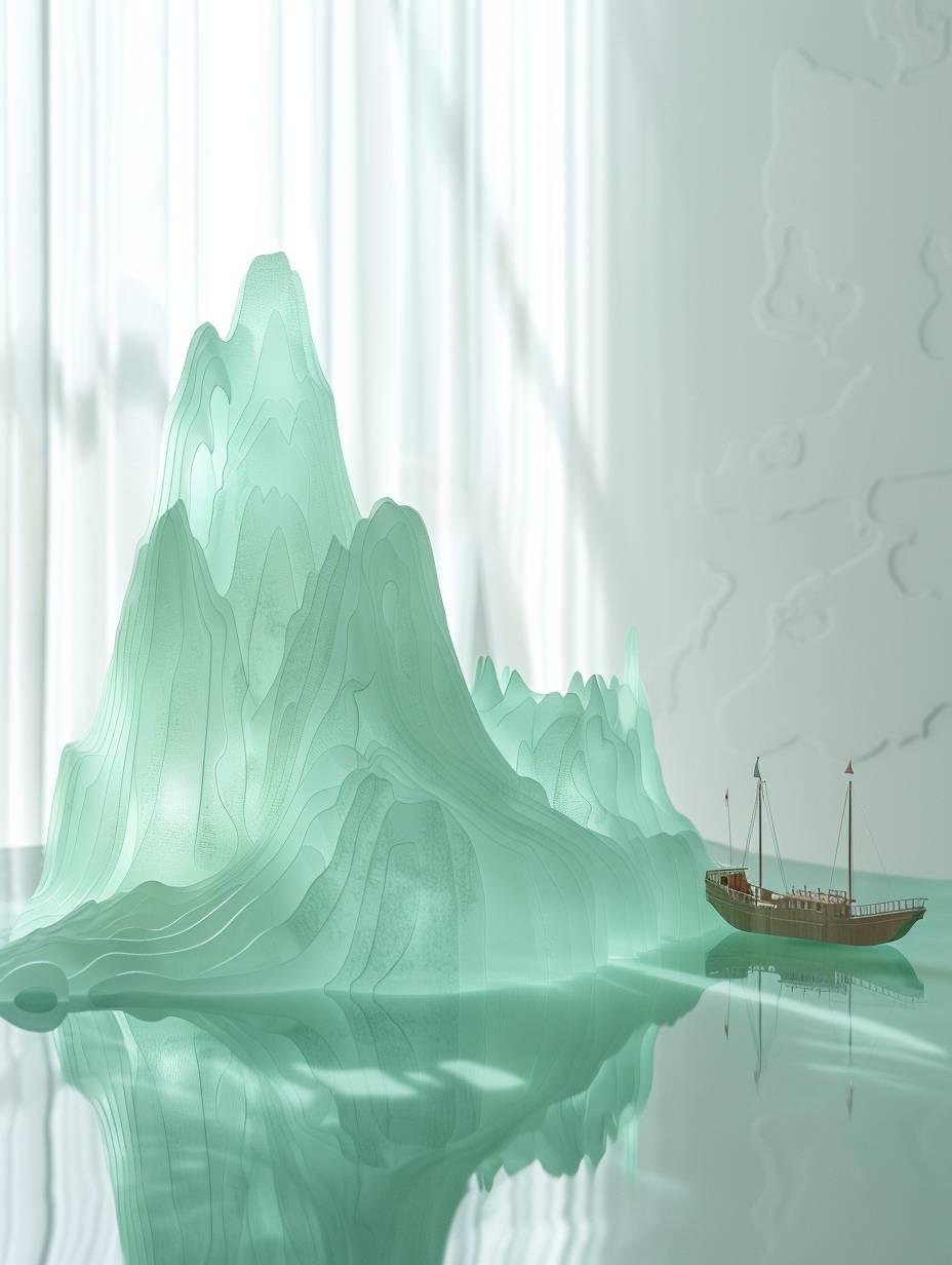 In the museum, a glowing 3D mountain-shaped undulating green silk artwork stands on the water, with the mountain reflected in the water, and a tiny boat on a white background. The work features soft tones and dreamy elements that exude cool tones. It has an artist's lightness and elegance.