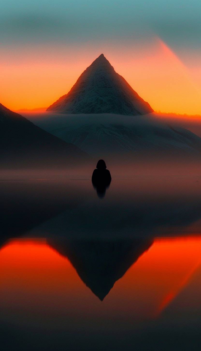 Close-up of a lady reflecting over a mountain lake, reflected rainbow, cinematic, serene landscape, sunrise
