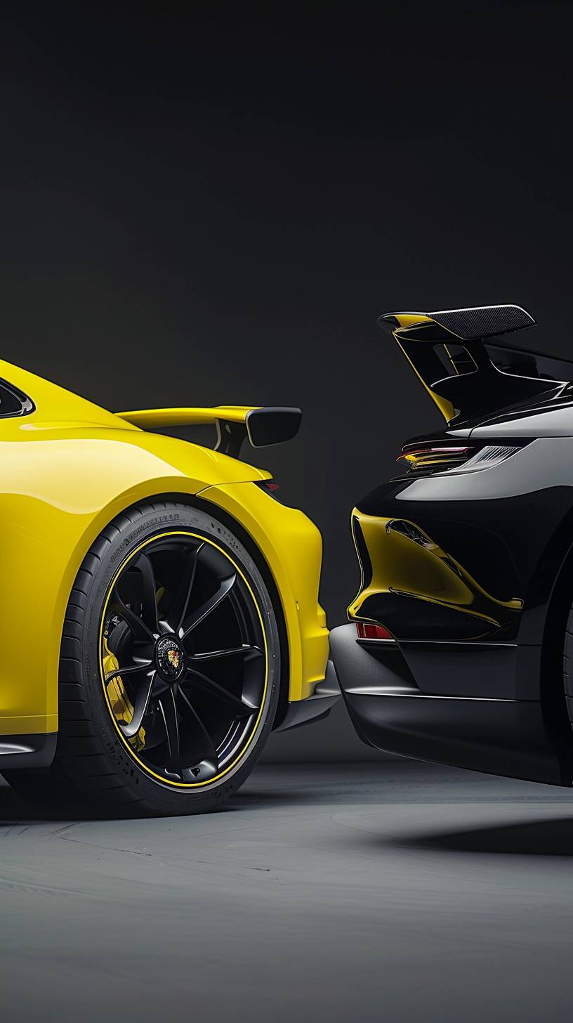 A black Porsche Taycan and a yellow 911 model 992 stand side by side without plates. The background wall is clean, with warm tones and a yellow accent, featuring dark tones in the background and cinematic dark light. The photography style is magazine-like, highlighting precise car details.