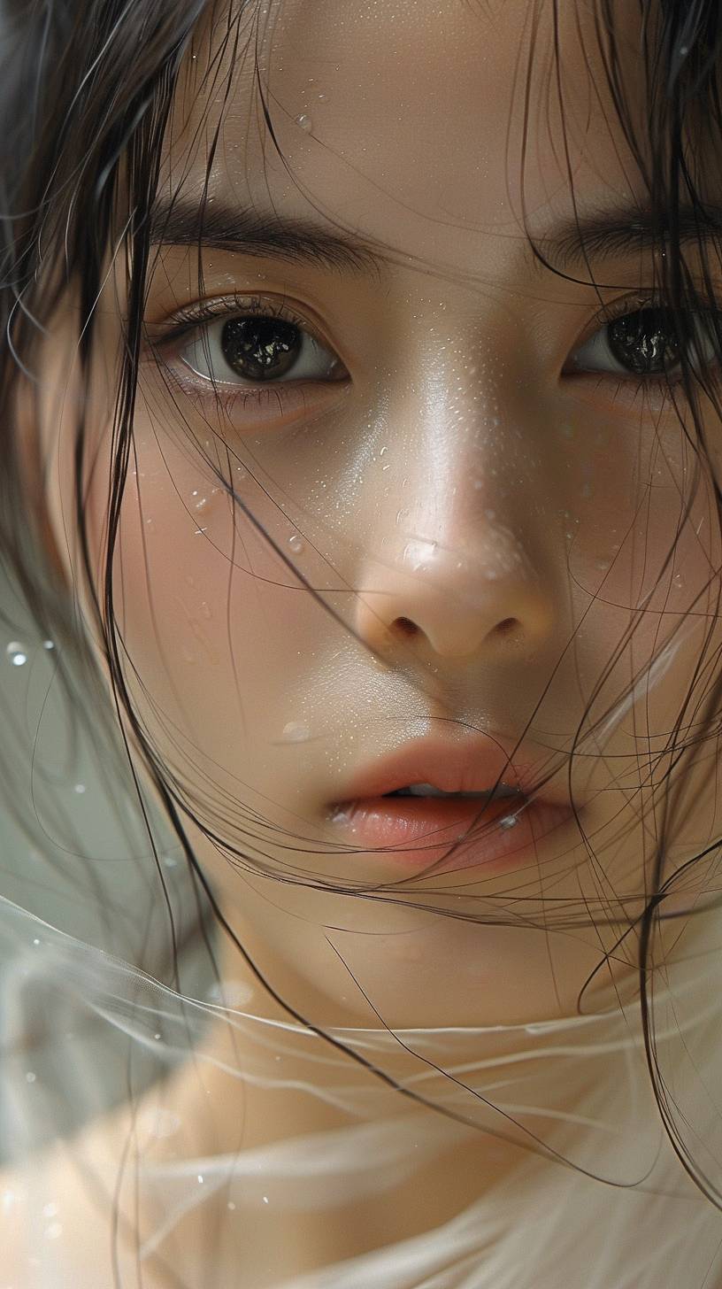 Dewy Skin makeup, Dewy Skin makeup, a Chinese girl with black hair, black pupils, wearing a white Hanfu, shrouded in fairy mist, Medium Shot(MS), this 20-megapixel photo has an extremely detailed face, hands, feet, and fine details. It has perfect anatomy, proportions, skin texture, vision, color and character, delicate facial features, gentle gaze with soft lighting, in the style of Helleu Amano, Artgerm and Harriet Lee Merrion, translucent fluorescence, glowing particles, optical flashes, dissolving and disappearing into particles, Bright and colorful, bright background, rich detail, face close-up, holographic halo, Psychedelic, Chinese style, Fine skin, Real skin, Real skin details, Clear pores and fine lines, Light reflection and Refraction, Ultra clear, 3d, blender, oc, c4d