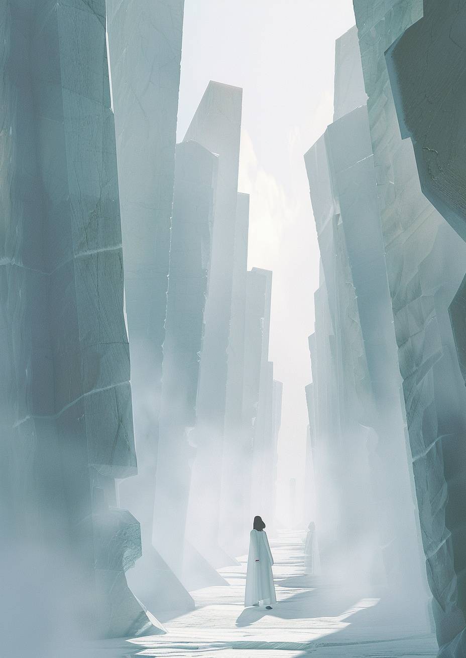 霧に満ちた境界の曖昧な空間の中で、白い幾何学的な彫刻、規則的な石の柱、遠くに美しい女性、モノクローム、超現実的で夢のような雰囲気、拡散した光、ミニマリストの強烈なビジュアルフロー