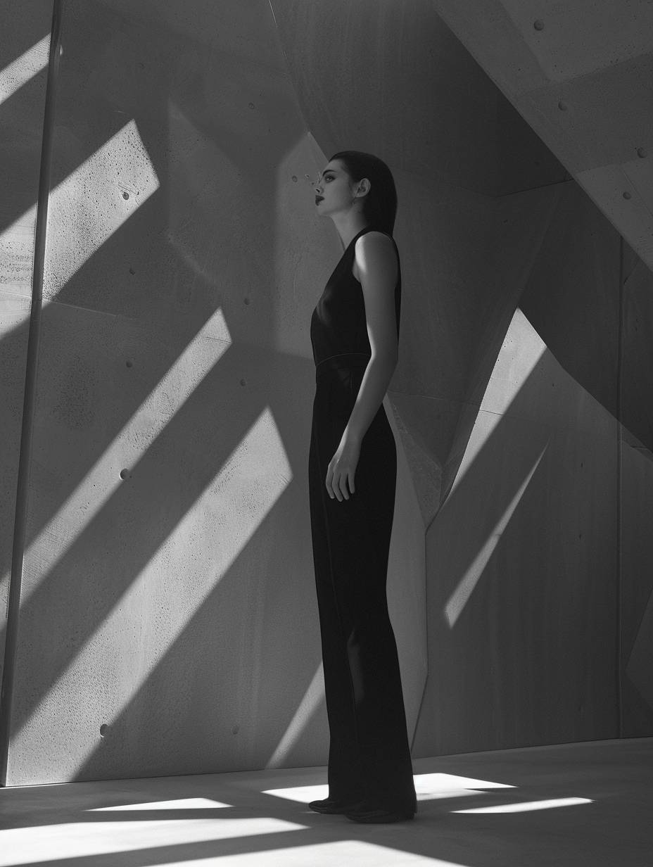 A model, clad in a sleek, black jumpsuit, stands in a stark, minimalist setting. The jumpsuit is adorned with geometric patterns that create a sense of structure and order. Her pose is sharp and angular, her body a series of straight lines and sharp angles. The lighting is dramatic and high-contrast, with a sense of precision and control. The background is a series of geometric shapes, with a sense of depth and perspective