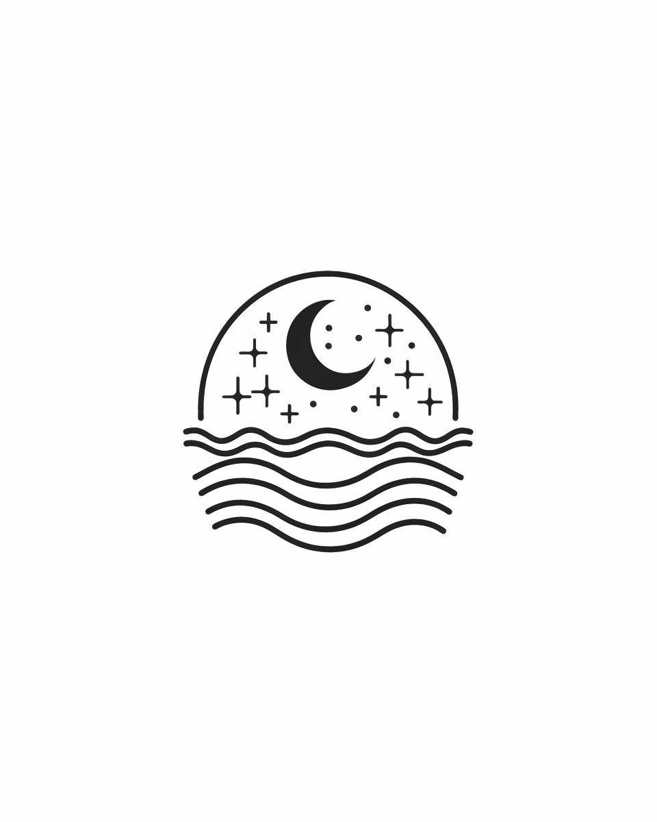 ロゴ、白い背景、月と湖の円を描くシンプルな黒線、星で点々とする。音波ライン、癒しの感じ、シンプルな形状スタイル、シンプルな形状