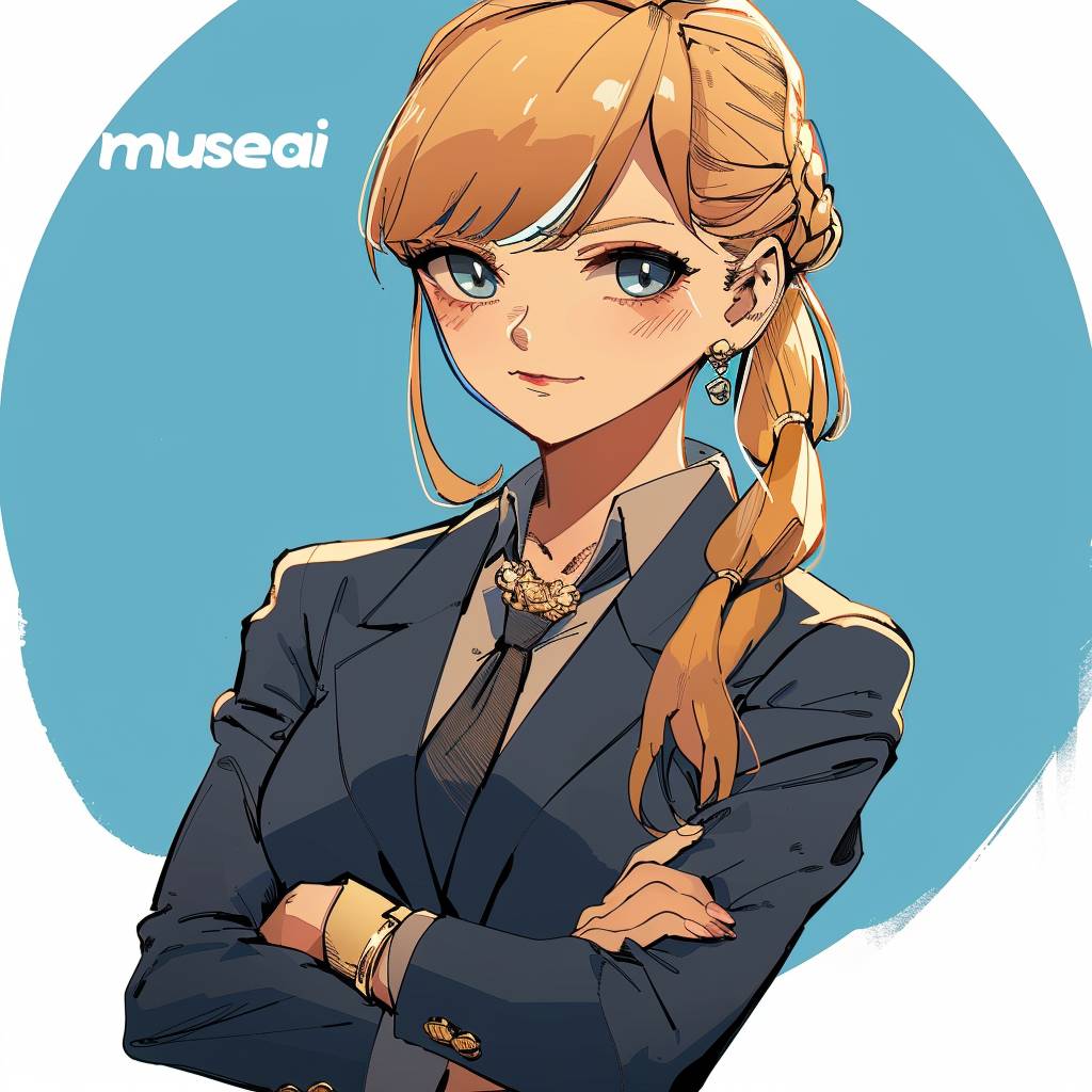 A pretty girl in a suit, crossing her arms in front of her chest, saying 'musesai'. Comic style.