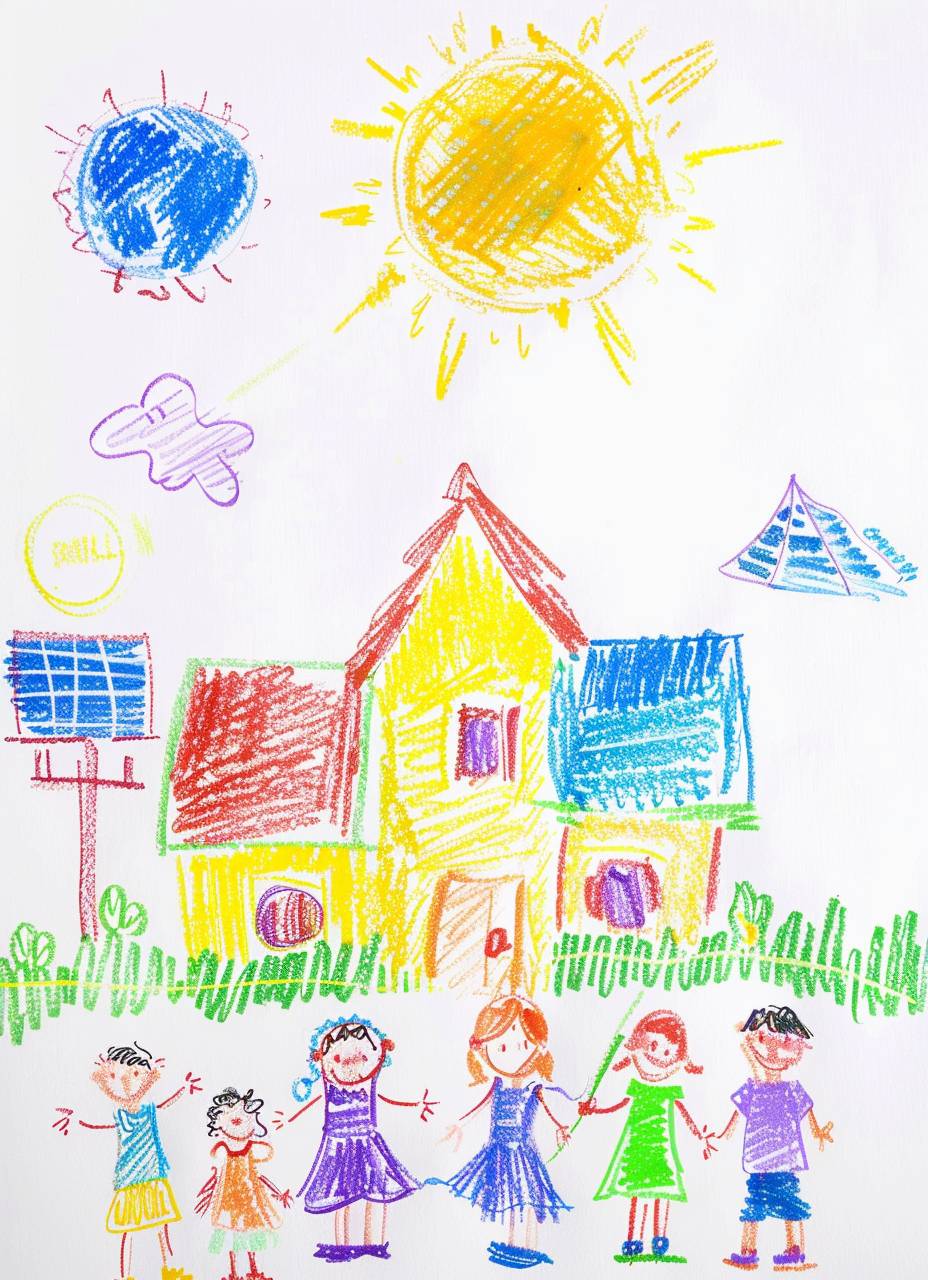 白紙に子供が手で描いた、色鉛筆で描かれた素朴な子供の絵。家族、家、幸せそうな太陽光パネルが描かれている。 白い背景に配置されている。