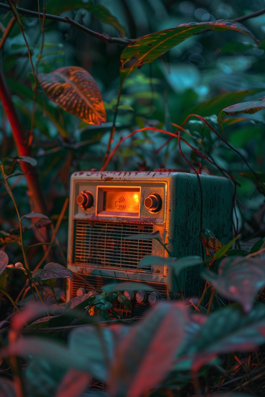 A small vintage radio in the middle of a lowland. Found footage. Realistic. Video game aesthetic. Mint and tiffany tones. Dark dawn night sky with green, blue and soft orange reflections. Soft hues of green, purple and red in the background, pastel palette with warm tones. Low details and texture. 2000s nostalgia. minimalistic. Ghibli aesthetic. Clear weather. Natural light. Simple. Surrealistic, lo-fi aesthetic and dreamy vaporwave atmosphere.