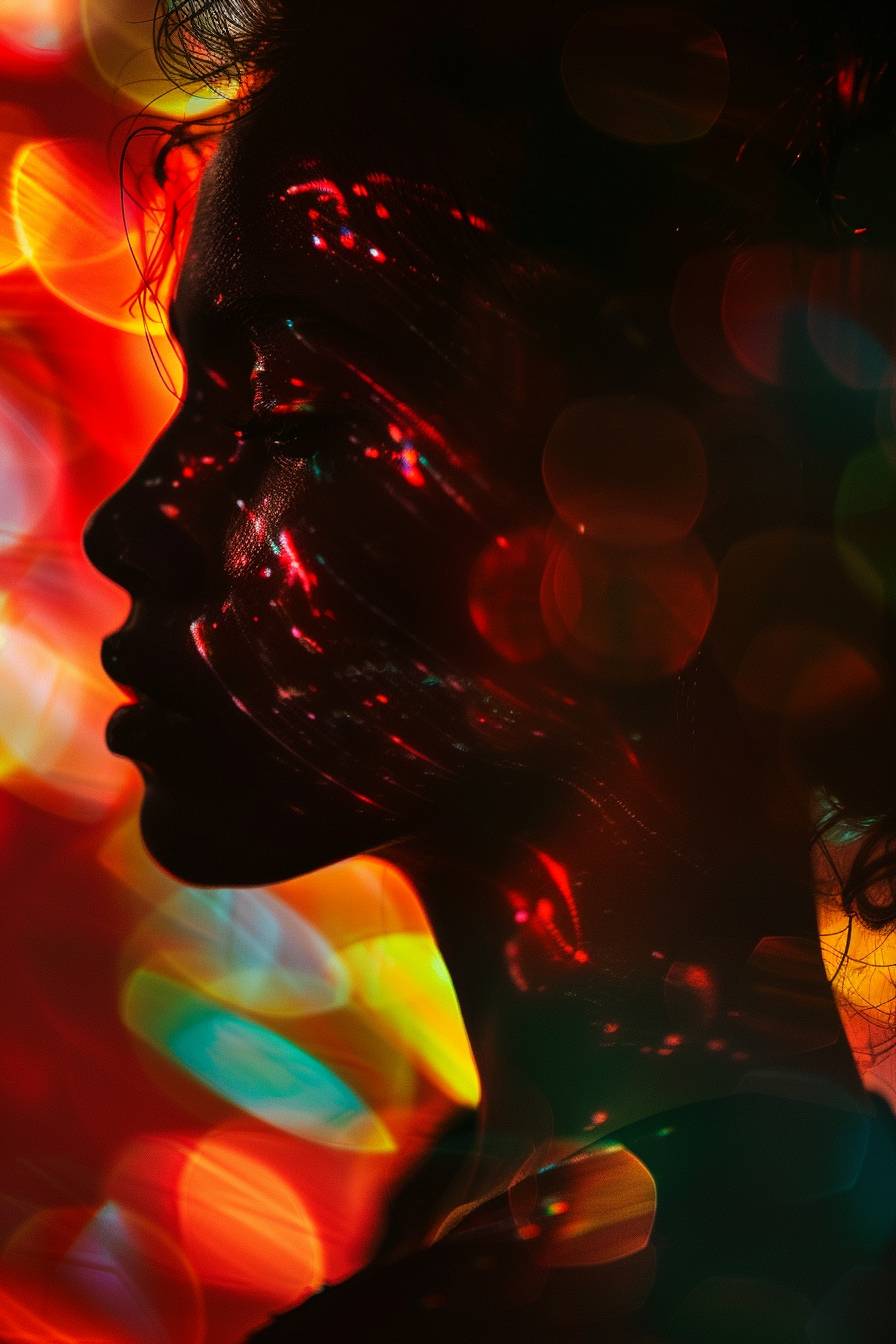 Silhouette of [SUBJECT] in the background, [COLOR] and [COLOR] light on the face, photography in the style of high fashion, movement, lights everywhere, abstract shadows