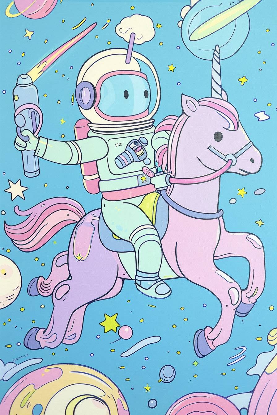 カナダのアーティスト、スコット・マーティンによって描かれた主人公は、星間の騎士です。宇宙飛行士は、遺伝子組み換えされた馬に乗り、小惑星帯でレースを行います。