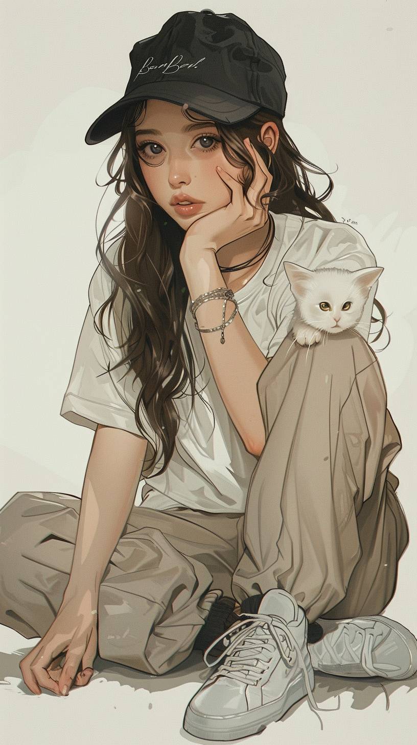 A cute girl wearing a black baseball cap, white T-shirt, and beige pants, sitting on the ground with one hand under her chin. There is a white kitten by her side, designed in the style of a cute cartoon character with dark white and light gray tones. The illustration depicts cute little anime characters on a solid color background in high resolution and detail. It is presented as a full-body portrait, a full-length shot, created by Jon Burgerman.