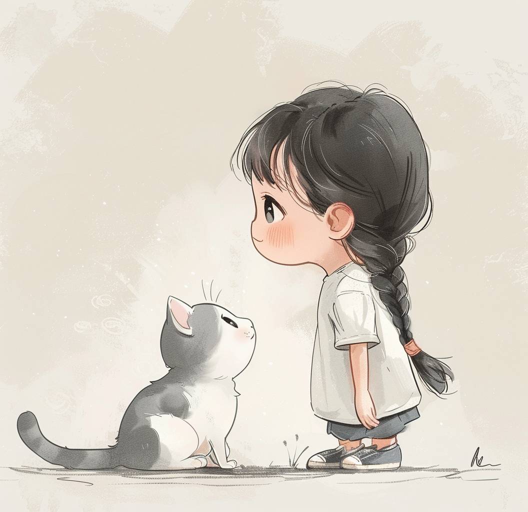 A cute little girl with black hair in braids, wearing a white short-sleeved shirt, is standing next to her cat on the ground, bowing down in front of it. The illustration style features soft lines and shapes, light gray tones, flat illustrations, a cartoon character design style, colorful ink drawings, and hand drawn details.