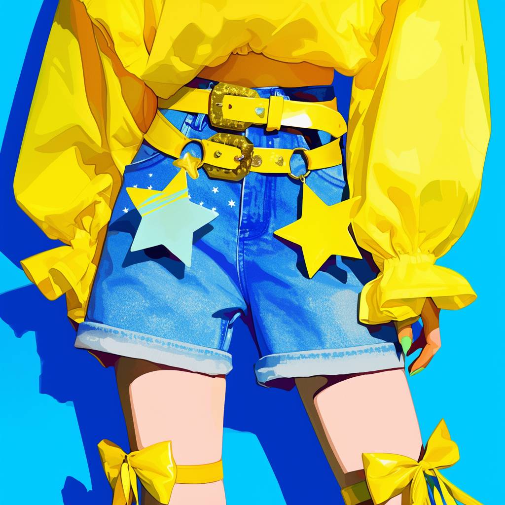 星型の裾と星型のベルトが付いたショートパンツのファッションデザイン、黄色とブルーデニムで、明るくて鮮やかで、可愛い原宿風