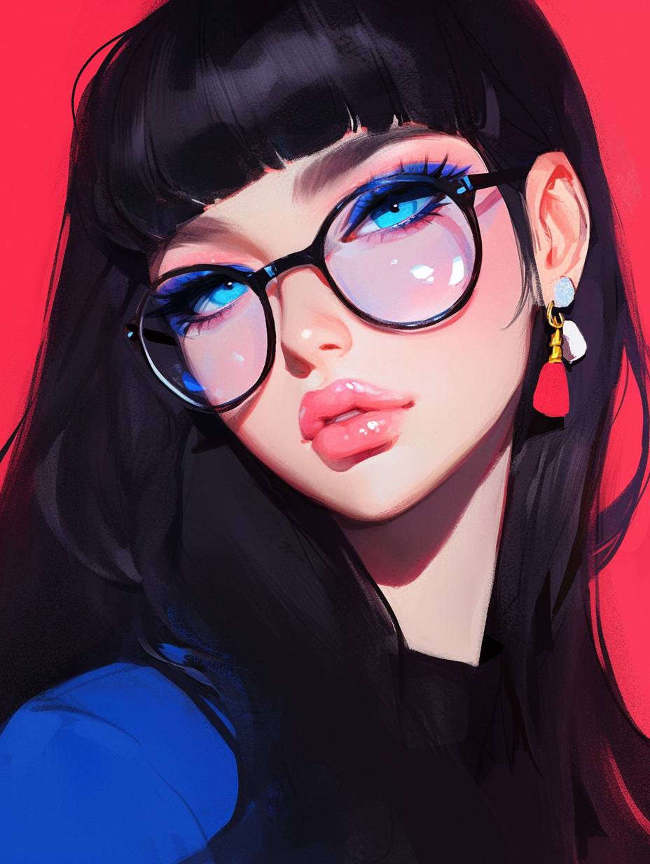 A woman with black long hair and bangs with light blue eyes, long eyelashes, blue eyeshadow and lipstick. The woman has a red earring on her left ear and she wears some black glasses.