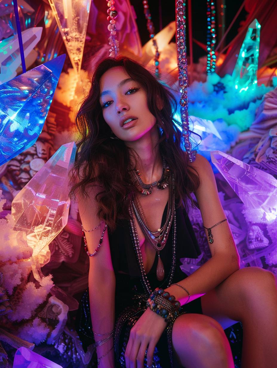 A beautiful woman is surrounded by glowing geometric crystals. She is wearing an oversized black top and shorts, along with necklaces. She has long dark brown wavy hair and beaded bracelets on her hands. The setting is realistic with studio lighting. She sits in a psychedelic room full of colorful elements.