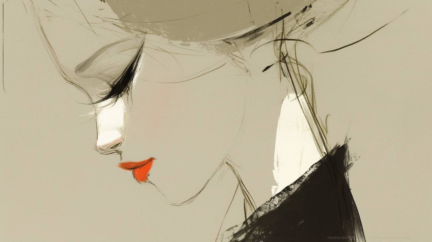 A pale vampire in side profile, her lips are dark red, slightly parted, negative space