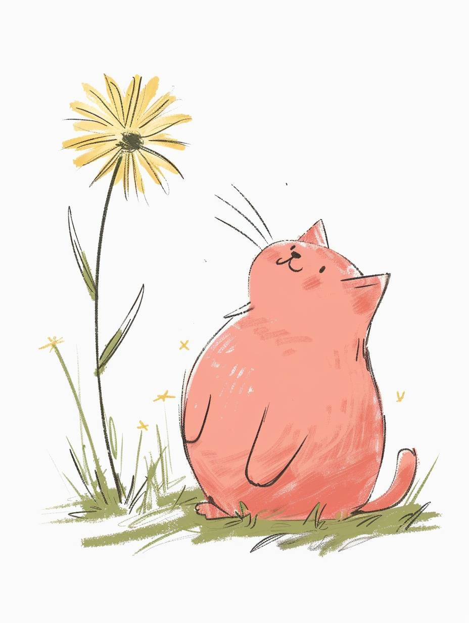A cute pink cat with a big belly, standing on the grass looking at a yellow flower, with a smiling face in the style of William Steig and Kestutis Kasparavicius. A simple, minimalistic drawing with a white background and white space around the figure.