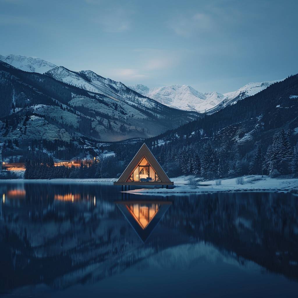 Envision a tranquil scene where a solitary triangular cabin with a warm, glowing interior sits at the edge of a calm, reflective lake. The scene is set in the deep twilight of a winter evening, with the surrounding landscape blanketed in snow. Steep, snow-covered mountains loom in the background, enhancing the isolation and serene beauty of the cabin. The sky is a deep shade of blue, indicating the late hour, and the cabin's reflection on the water creates a symmetrical image of warmth in the cold environment.