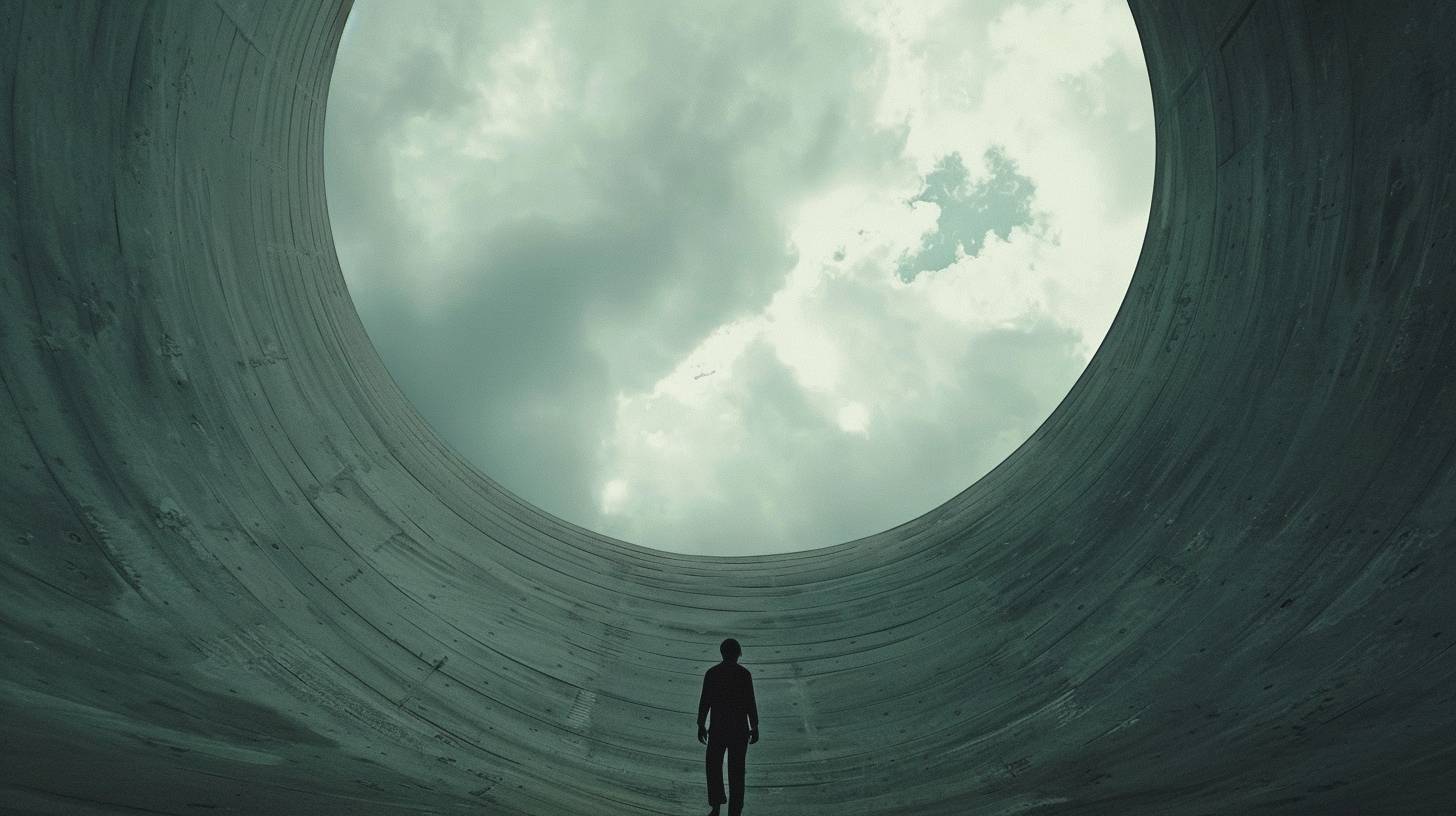 A man walking into to void, a dark hole in the air, low-angle shot from below, in the style of sci-fi spectacle, gothcore, Nadav Kander, atmospheric installations, intricately sculpted, calm and meditative, movie still, photo taken with Sony a7s III --ar 16:9 --style raw  --v 6.0
