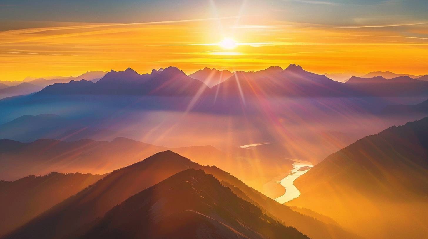 A long exposure of a mountain range silhouetted against a sunrise. The sky is a canvas of vibrant golden yellows, peaches, and roses, with streaks of light swirling across the horizon. The first rays of light illuminate the peaks of the mountains, casting long shadows across the valleys below. The rivers wind their way through the landscape, reflecting the warm glow of the sunrise. The overall mood is one of hope and renewal, as if witnessing a moment of fresh beginnings.