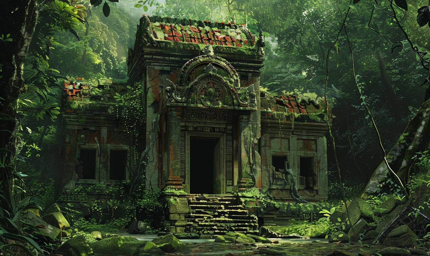 Forgotten temple hidden in the jungle in the style of Eiichiro Oda