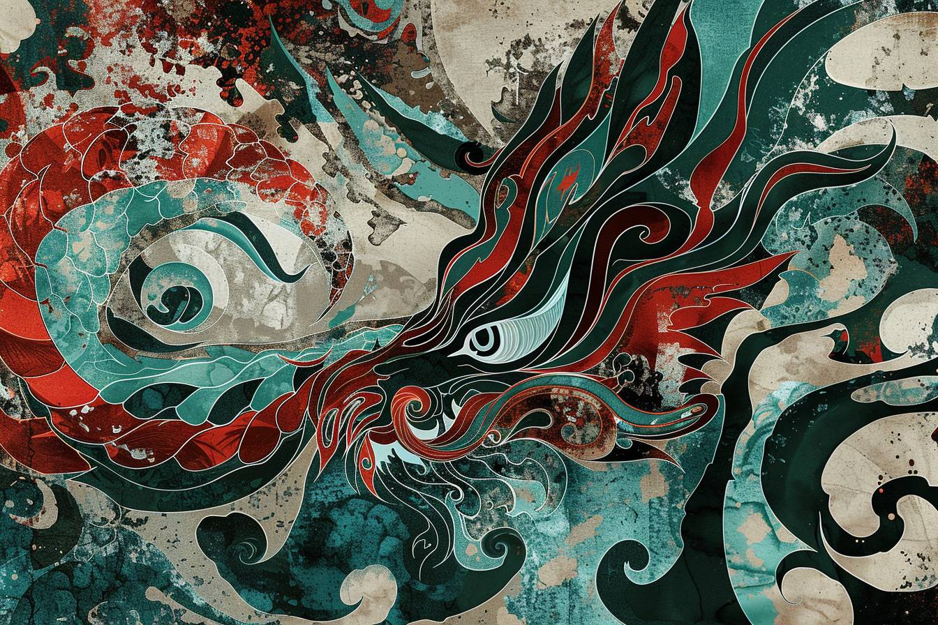Dragon captured in abstract art, featuring swirling crimson and teal patterns