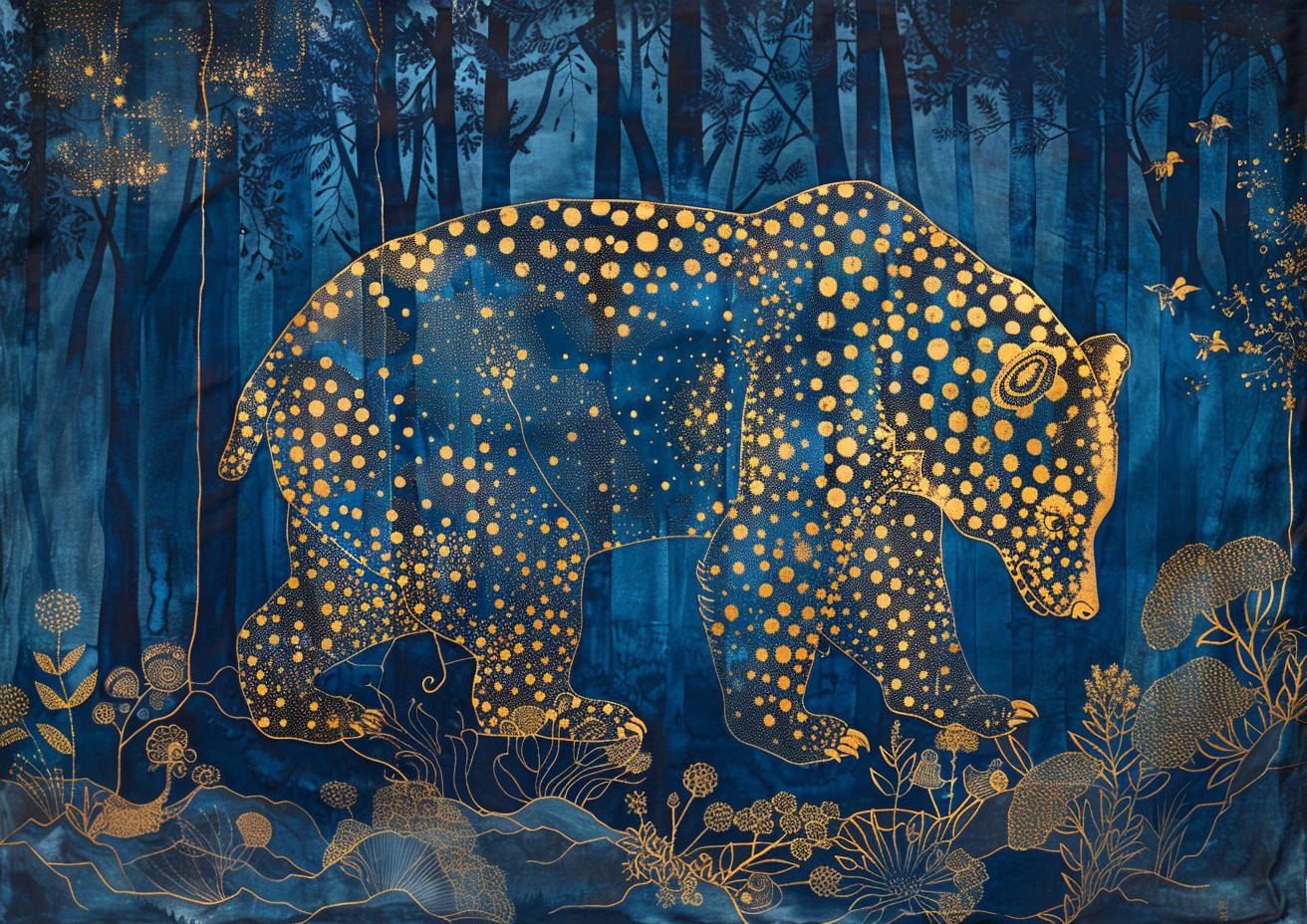 Ink wash painting on batik silk, a mighty bear in an enchanted forest, formed from phosphor dots in gold and blue, in the style of Gond art, intricate details, tenebrism, glowing radiant colours, strong visual flow