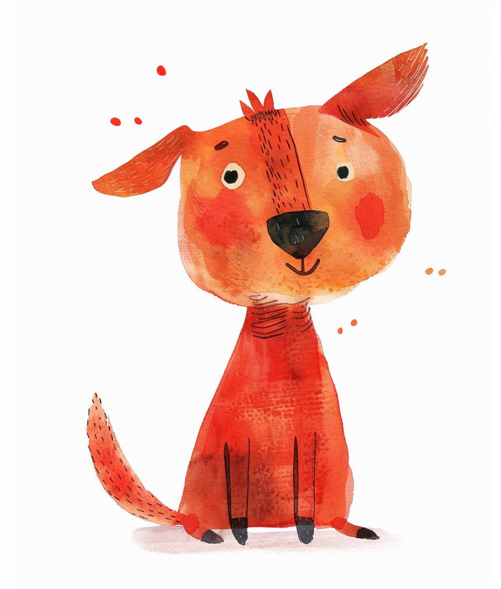 Cute red dog, simple lines, watercolor texture, children's book illustration style, flat design, high resolution, white background, light color, bright and clean picture. in the style of Jon Klassen.