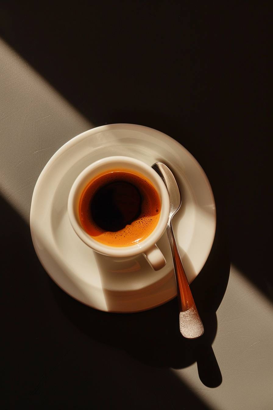 Espresso cup with spoon in saucer, Wes Anderson style, hyper realistic photo, camera flash, minimal, kitsch, birds eye view, overhead perspective photo, eye level, 4K