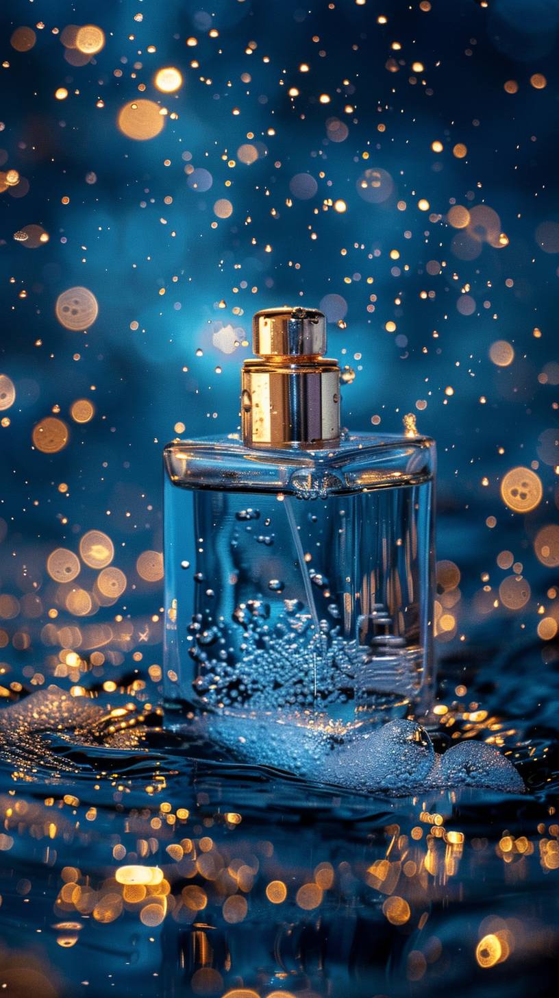 Perfume on the water. With a magical and luxurious quality, gold and blue color scheme, water frozen in place.