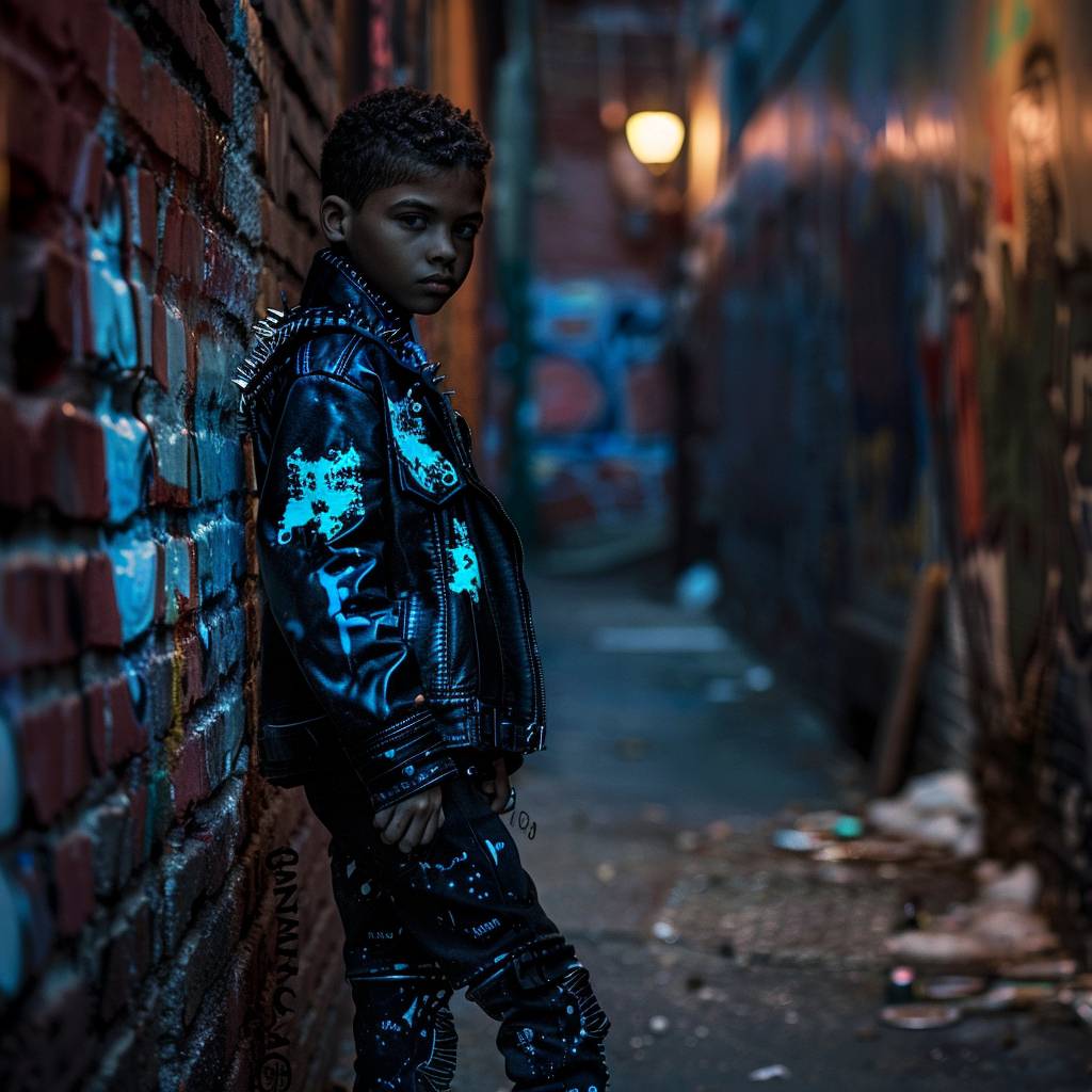 A model child male in a black leather jacket with neon icy blue graffiti-style patches, leaning against a weathered brick wall in a dimly-lit alleyway, bathed in the flickering light of a streetlamp. The wall is covered in graffiti, and the alleyway is filled with shadows. The model's silhouette is highlighted by the streetlamp's light, creating a sense of mystery and intrigue. The model is looking directly at the camera, with a confident expression. The overall mood is gritty, urban, and rebellious --style raw  --v 6.0