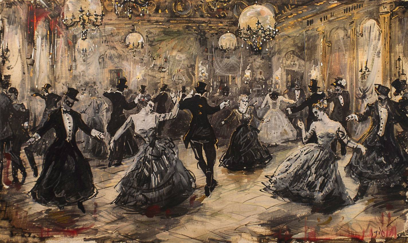 In the style of E.H. Shepard, an elegant ballroom filled with masked dancers