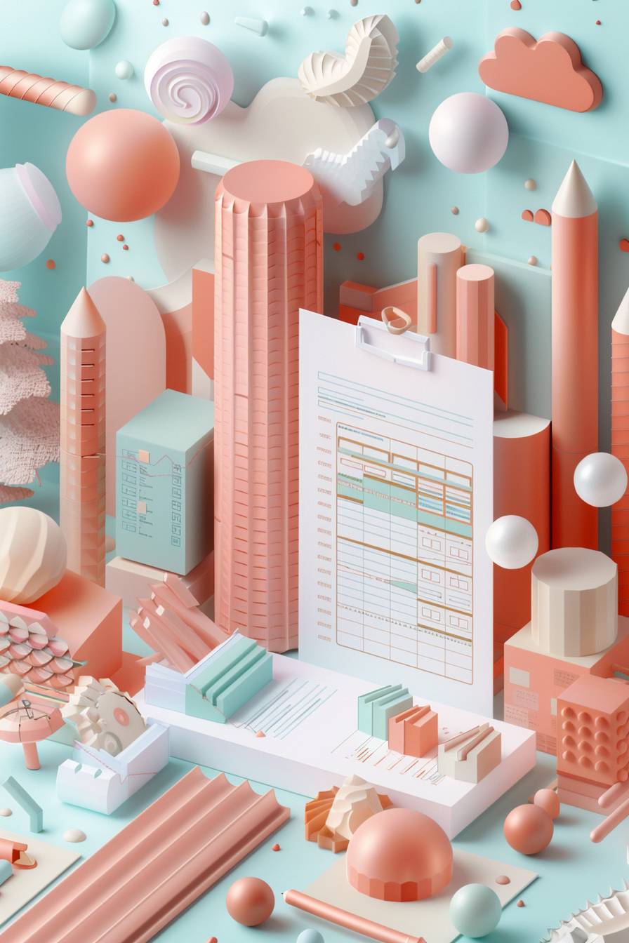 A charming 3D rendering in soft pastel colors features a document icon with checklists marked correct and wrong, accompanied by a chart. The isometric view adds depth and perspective, while the clay material style gives a tactile, handmade feel to the elements.