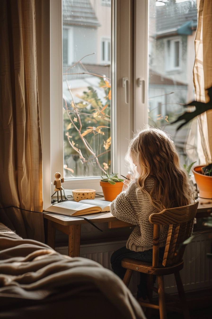 A photograph of a child reading a book at her desk by a window, smiling. Happy. Golden hour. Bedroom.