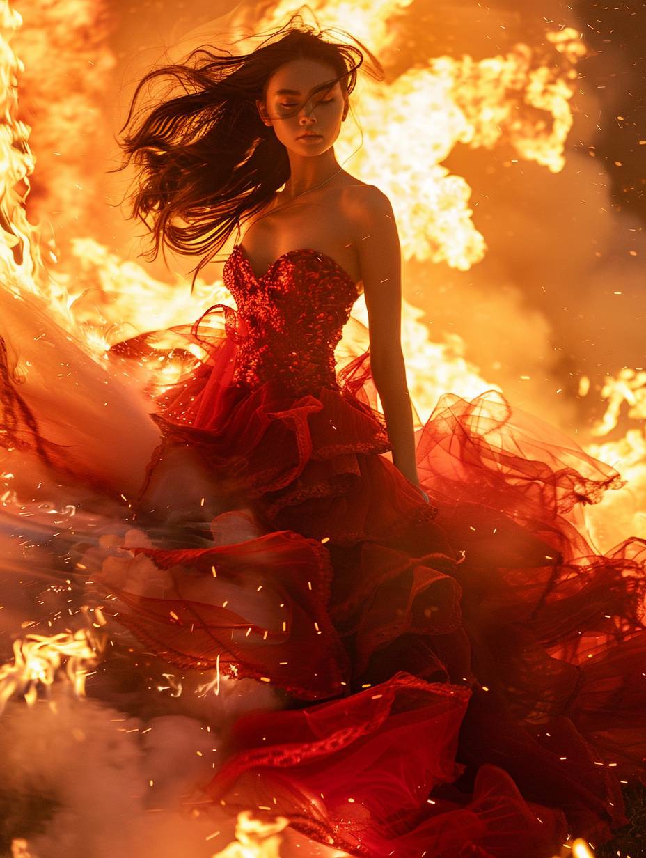A model, clad in a fiery red dress, stands amidst a raging inferno. The flames lick at her dress, creating a dramatic silhouette against the backdrop of the inferno. Her pose is defiant, her head thrown back, her eyes closed as if embracing the heat. The lighting is intense, with a mix of warm, golden light and flickering shadows.