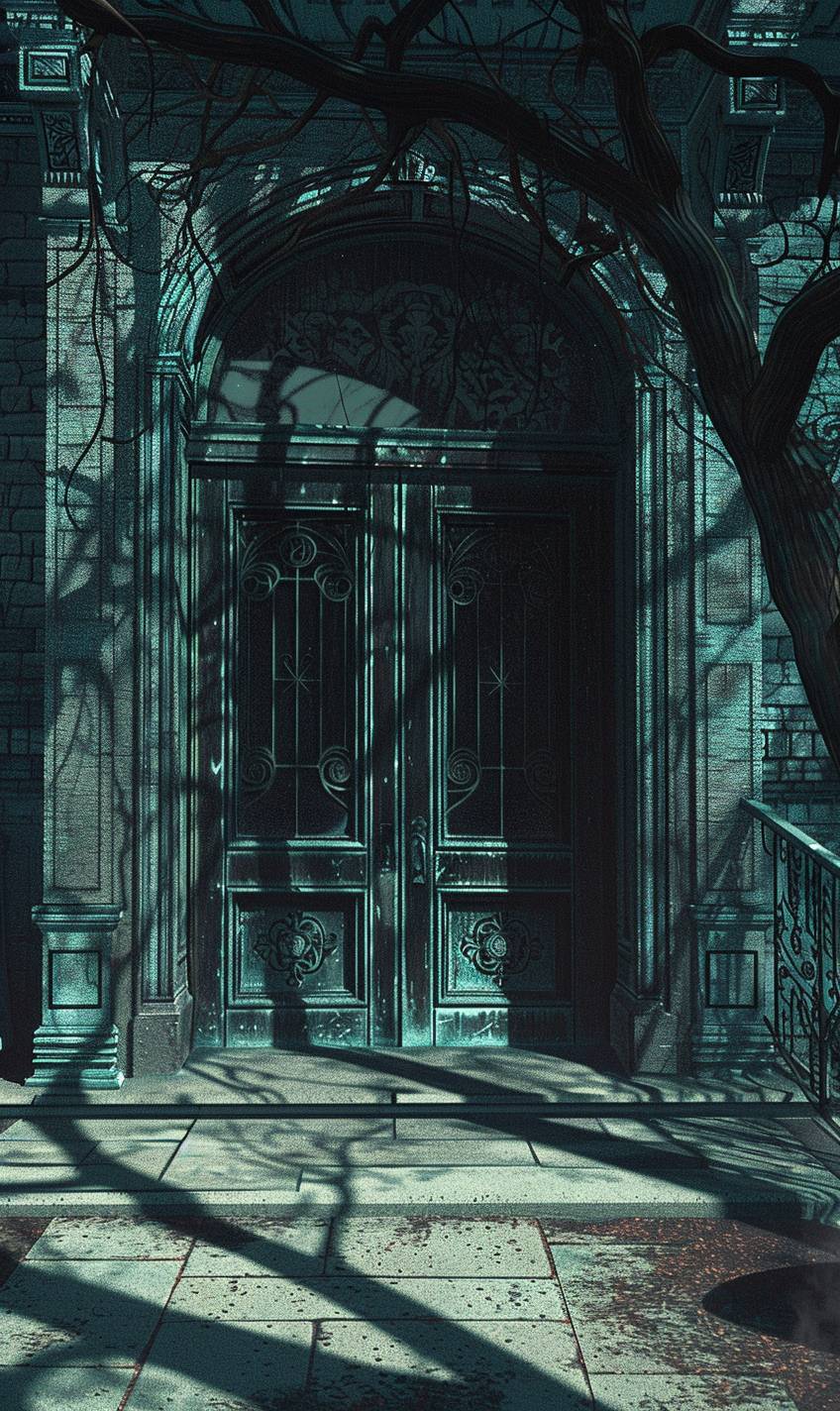 In style of Kawase Hasui, Haunted mansion with creaking doors and shadows