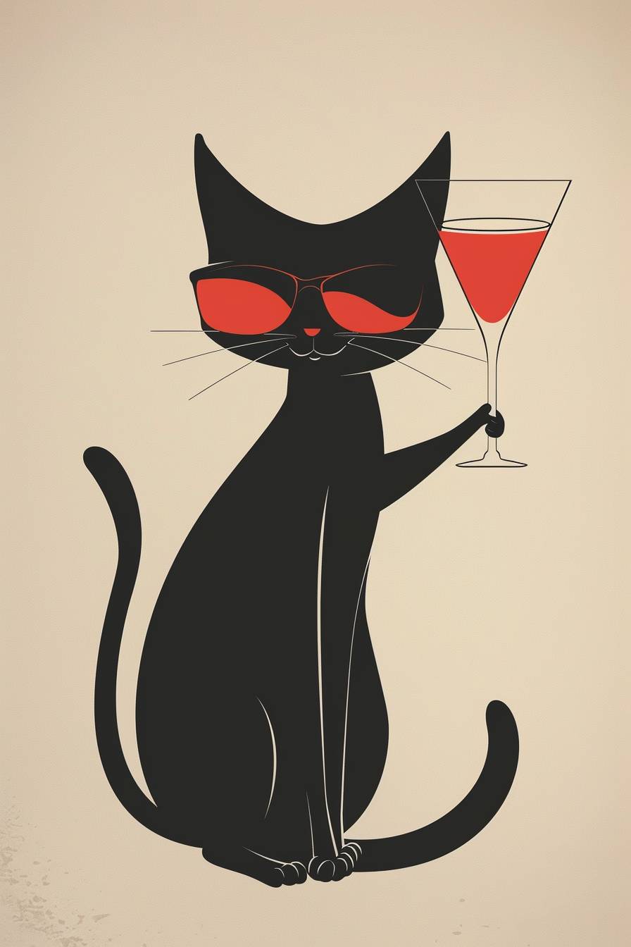 ミニマリストのグラフィックデザイナーやモールゴス、トゥイストされたキャラクター、原子のミッドセンチュリーの背景に寝て、マティーニグラスから酒を飲む黒猫。