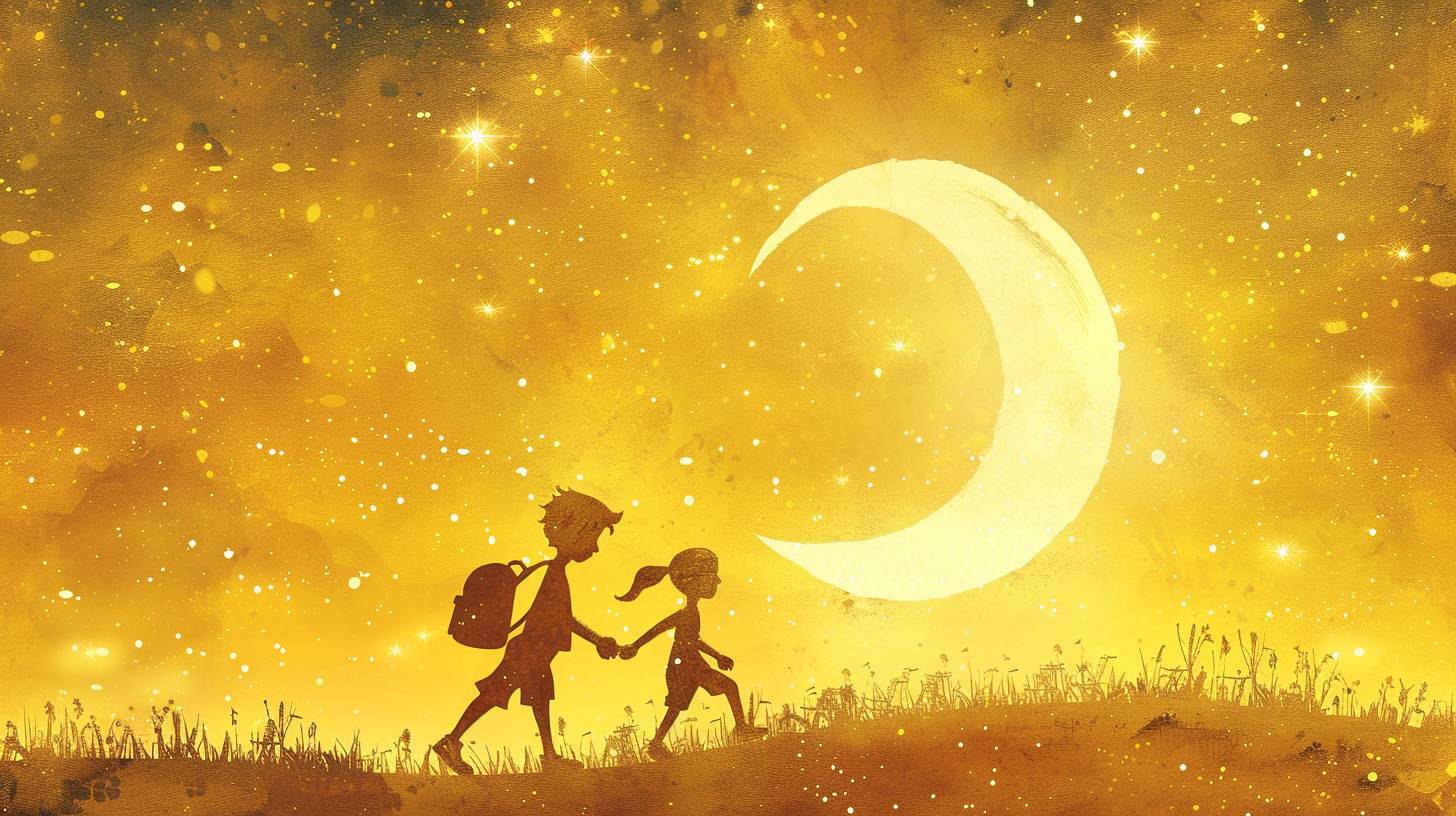 A boy and a girl are running hand in hand, carrying backpacks, under the crescent moon with stars shining brightly behind them. The background is an illustration of a yellow night sky. They appear to be enjoying each other's company as they walk towards the horizon.