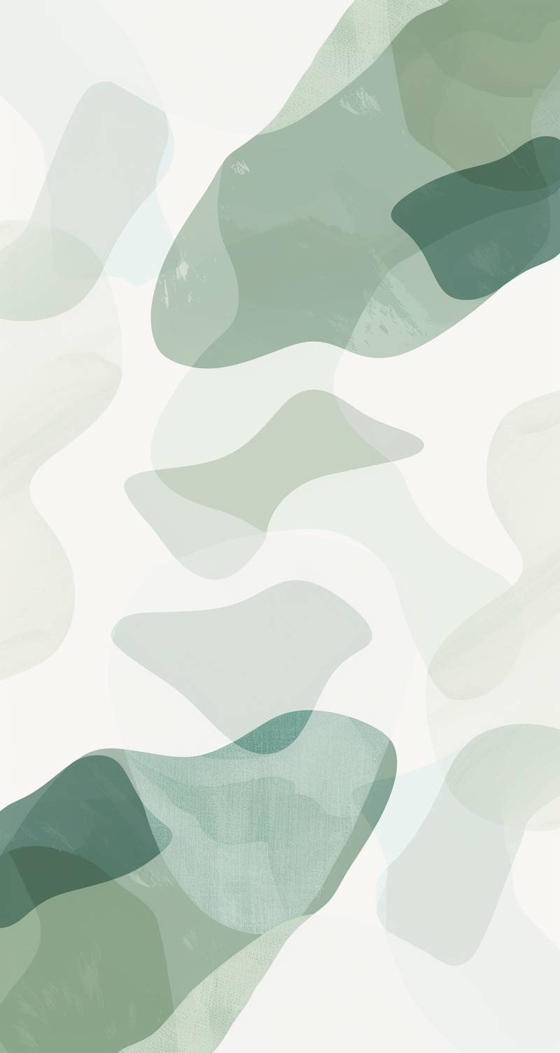 A minimalist wallpaper with abstract organic shapes in soft greens and beiges, on a white background. The design is simple yet captivating, featuring smooth curves and irregular forms that create an artistic and calming effect. This artwork would make for a stylish phone backdrop or digital wallpaper, offering a serene visual experience through its minimalistic style and harmonious color palette.