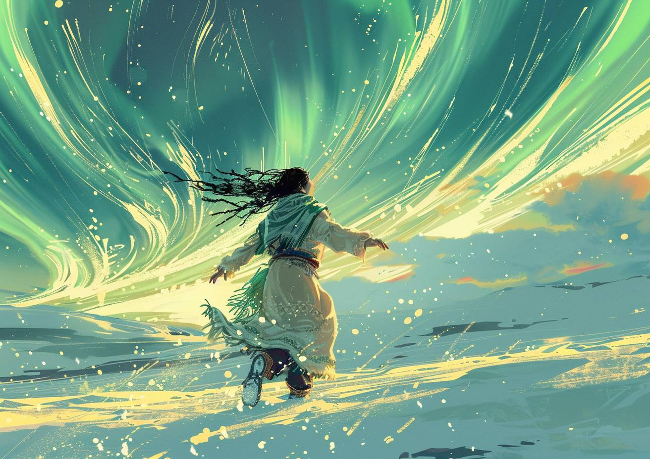 Comic book illustration, an Inuit woman dances on the tundra, muted colors, dynamic lines, swirling aurora lights --ar 7:5 --stylize 250 --v 6.0