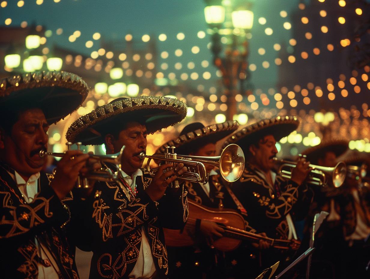 マリアッチバンドの中の４人のミュージシャン。情熱と一体感。トランペットのソロ。メキシコシティのプラザ・ガリバルディ。2000年の夜。観客、他のバンド、月明かりの空。中景ショットで、ウエストアップ。Minolta Maxxum 7、Fujifilm Superia 800フィルムで撮影された。街の街灯が暖かい光を放ち、衣装の細かなテクスチャが描写されています。