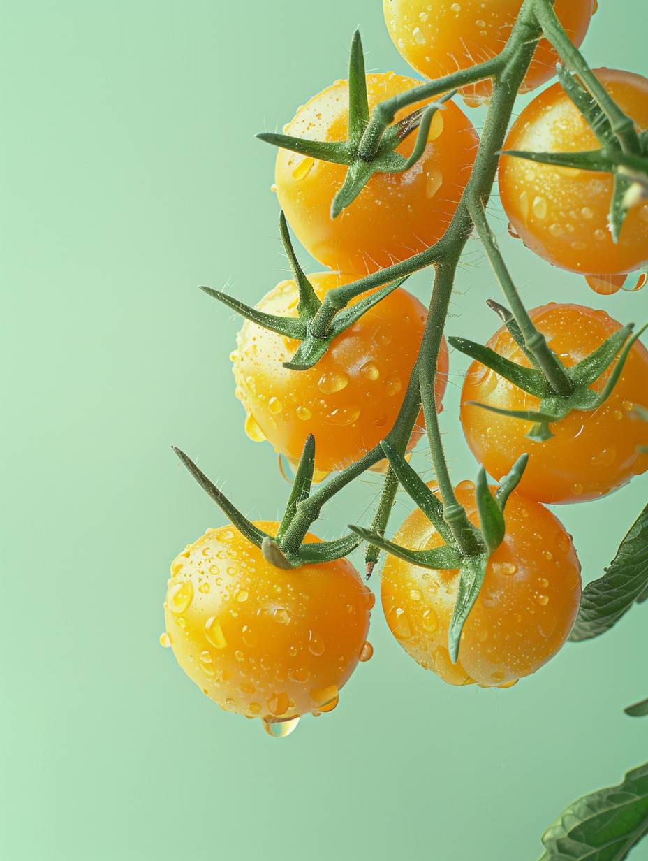 Tatsuya Tanaka, diagonal composition photography of yellow tomatoes hanging on the vine with water droplets against a light green background, presented in a dreamy, beautiful style.