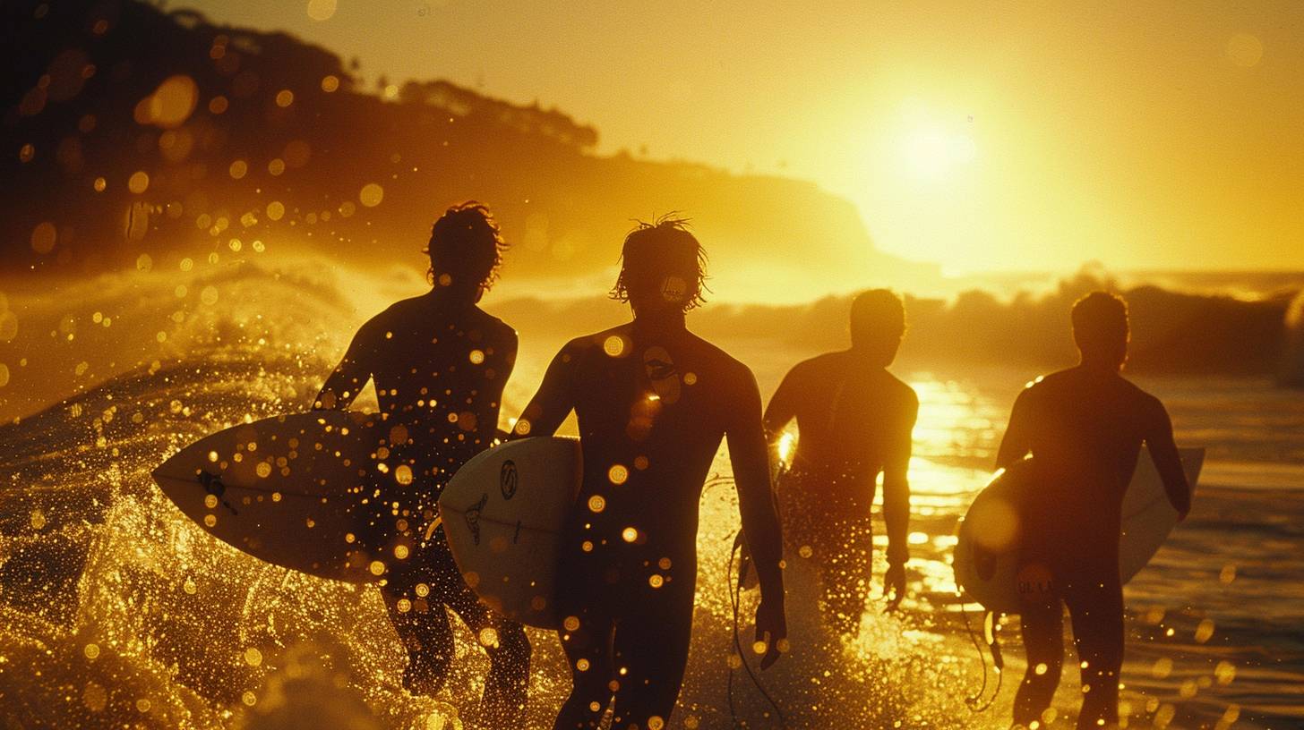 Three surfers waiting for a wave. Anticipation and camaraderie. Surfboards. Australian coast. Afternoon in 1987. Crashing waves, a beach, a setting sun. Wide shot, full body. Captured with a Minolta Maxxum 7000, Fujifilm Velvia 50 film. Golden sunlight, water droplets, high saturation.