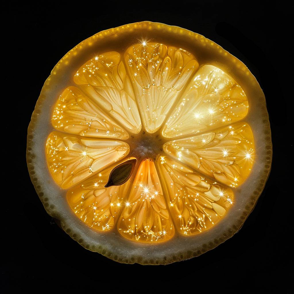 A lemon with dark yellow skin and light orange core, glowing from the inside like it's filled with stars, on black background, Data Visualization photography