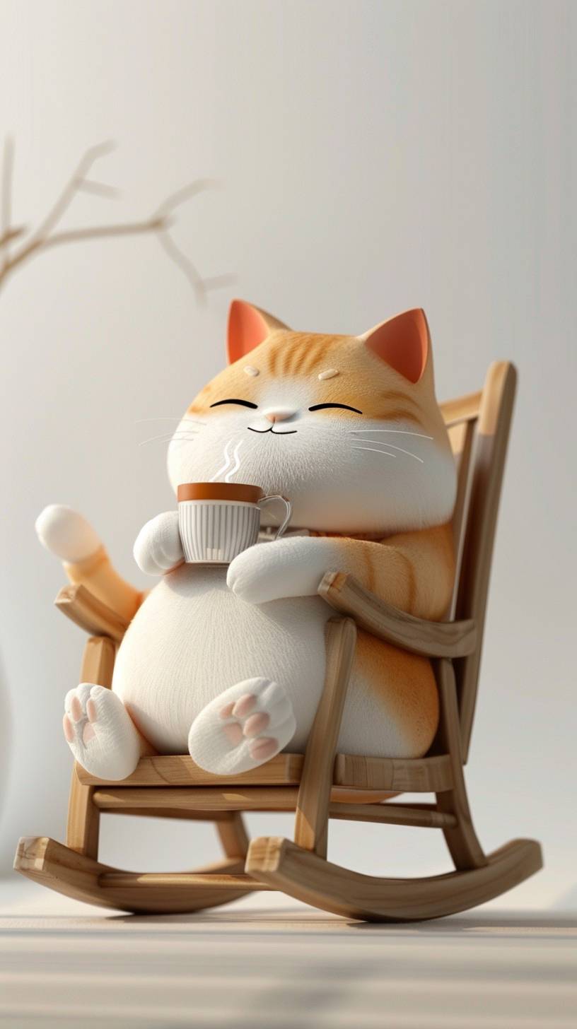 3D、かわいいふくよかでフカフカの猫、満ち足りた表情、揺り椅子に横たわり、熱いお茶を飲む、滑らかな白いグラデーションの背景、カートゥーンスタイル、ミニマリズム、キヤノンカメラ、スタジオライト